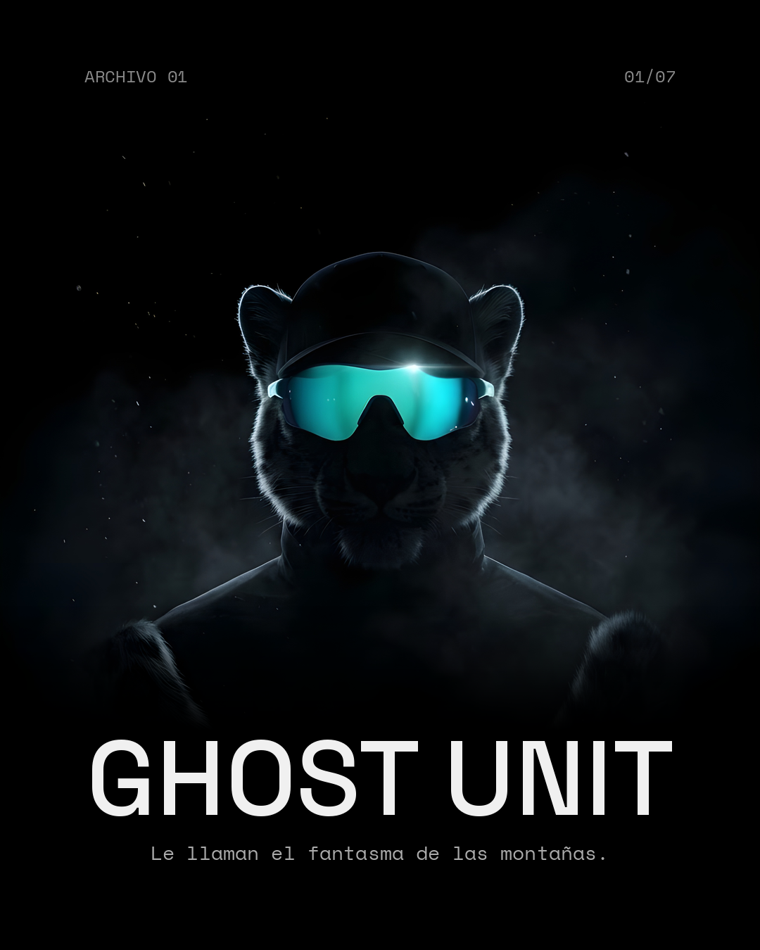 GHOST UNIT: leopardo de las nieves con gafas turquesa en la oscuridad